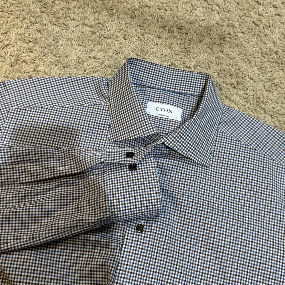 Eton Shirt Mens 17 43 Blue Brown Gingham 100% Cotton Dress Shirt Long Sleeve